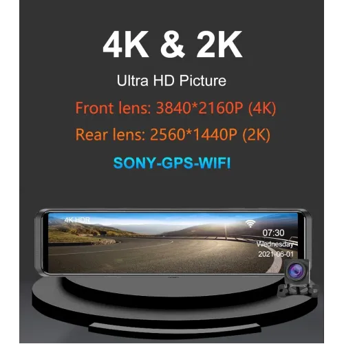 4K+2K Car Rearview Mirror Dash Cam Front Rear Dual Recording with G-Sensor Support Locking Emergency Video