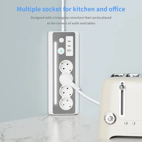 European Power Strip 4 Sockets with USB and Type-C Ports LED Light 3680W 250V 16A Flame Retardant PC Material 1.4m Cable