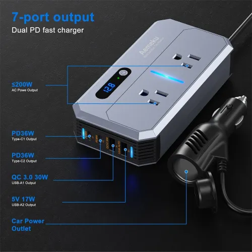Aemeku 200W Multi-functional Car Inverter DC 12V to AC 220V Converter Auto Power Lighter Adapter USB Type-C PD30W QC3.0 18W Charger