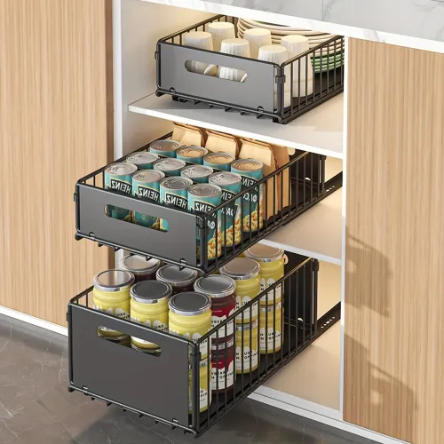 2PCS Kitchen Sink Rack Retractable Metal Basket Double Layer Seasoning Snack Bottle Pull Out Storage Rack Cabinet Layered Rack