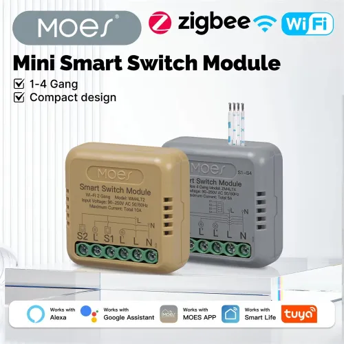 MOES Tuya WiFi/Zigbee3.0 Mini DIY Smart Switch Module 3/4Gang Timer Home Automation Voice Control with Alexa Google Assistant Smart Life APP