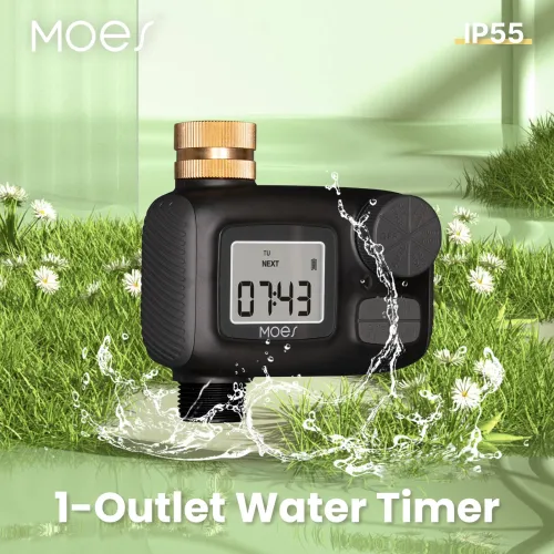 MOES 1-Outlet Water Timer IP55 Waterproof Brass Inlet Rotary Knob Button Control With LCD Display Screen Rain Delay Child Lock