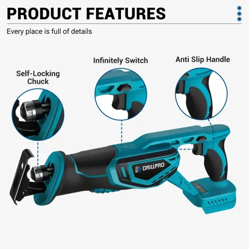 Drillpro Reciprocating Saw Brushless Motor 3000W 18V Adjustable Speed 0-3000rpm High Cutting Capacity for Wood Metal Plastic for 18V Battery
