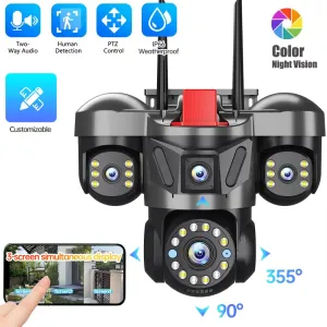 Guudgo 6MP Triple Lens Security Camera Wireless Outdoor WiFi 360 View 10X Zoom Color Night Vision Human Detect 2 Way Audio IP66 Waterproof CCTV Cameras