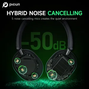 Picun F6 Wireless bluetooth Headset ANC Headphone -50dB Active Noise Cancelling 45mm Dynamic Drivers 120H Playtime Low Gaming Latency AUX Wired Headphones with Mic