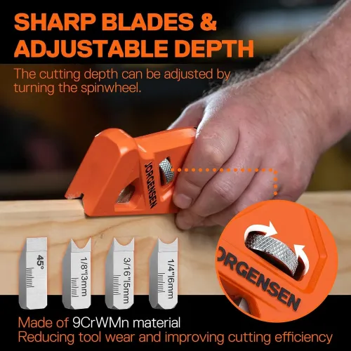 JORGENSEN Chamfer Plane Edge Corner Plane 4 Cutter Heads Woodworking Tool with Adjustable Depth 9CrWMn Blade with Storage