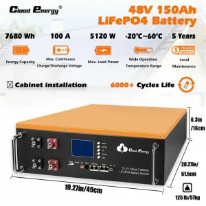UDirect Cloudenergy 48V 150Ah Cabinet Type Lithium LiFePO4 Deep Cycle Battery Pack 7680Wh 5120W Energy 6000+ Life Cycles Built-in 100A BMfor RV, Solar, Marine, Overland, Off-Grid CL48-150A