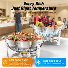 Warmounts Round Chafing Dish Buffet Set 2 Pack, 5QBuffet Chafe Warmer Set, Polished Stainless Steel Chafing Dish for Buffet with Glass Lid & Holder for Party Events, No Finger Cuts