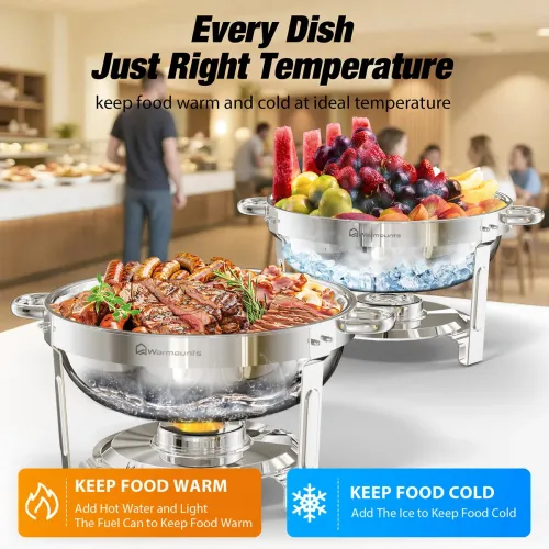 Warmounts Round Chafing Dish Buffet Set 2 Pack, 5QBuffet Chafe Warmer Set, Polished Stainless Steel Chafing Dish for Buffet with Glass Lid & Holder for Party Events, No Finger Cuts