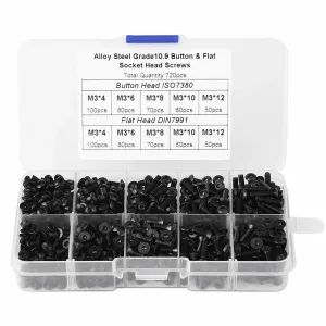 720pcs M3 Carbon Steel Black Round Head Screw Countersunk Head Flat Head Bolt Set Hex Hexagon Socket Screw Assortment Kit