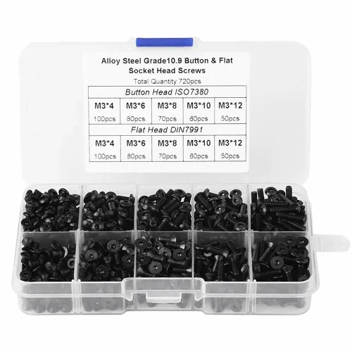 720pcs M3 Carbon Steel Black Round Head Screw Countersunk Head Flat Head Bolt Set Hex Hexagon Socket Screw Assortment Kit