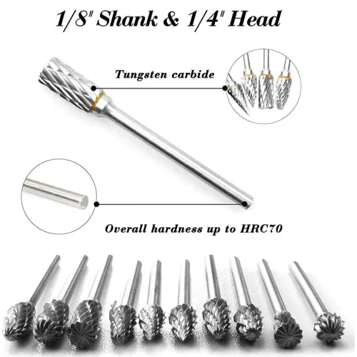 New 10 pcs 1/8" Shank Tungsten Carbide Milling Cutter Rotary Tool Burr Double Diamond Cutting Rotary Dremel Tools Electric Grinding