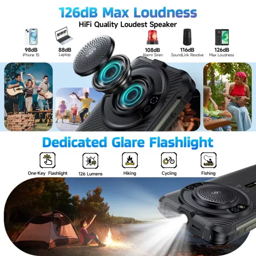 Ulefone RugKing AI 126dB Loud Speaker 16GB 256GB 50MP Camera 9600mAh 5.99 inch Android 15 NFC Unisoc T7255 IP68 IP69K Waterproof 4G Rugged Smartphone