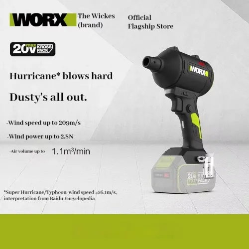 WORX WU093 Lithium Industrial Blower Cordless 20V 75,000RPM Lightweight 209m/s High Power Multi Nozzle Attachments