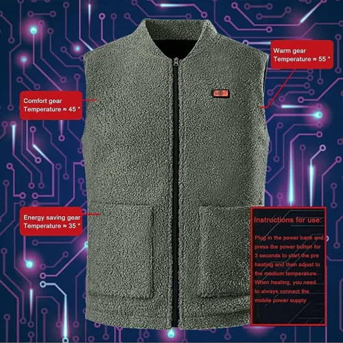 TENGOO HV-08G Heated Vest 8 Heating Areas USB Charging 3 Gear Temperature Control Grey Plush Windproof Outdoor Winter Warm Clothing