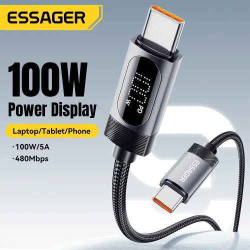 ESSAGER ES-X64 5A PD100W Type-C to Type-C Digital Display Cable PD3.0 QC4.0/3.0 FCP Fast Charging Data Transmission Tin-plated Copper Core Line 1M/2M Long for iPhone 16 16 Pro 15 15 Pro Max for Huawei Mate XT for Xiaomi 15pro