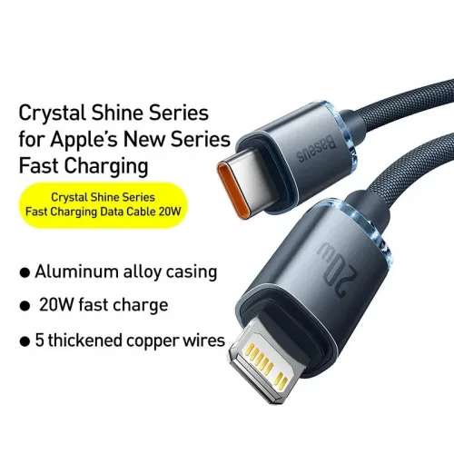 Baseus Crystal Series PD20W Type-C to iP Cable Fast Charging Data Transmission Tinned Copper Core Line 1.2M/2M Long for iPhone 14 14 Plus 13 14 12 for iPad