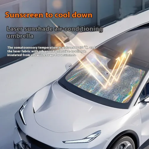 Chameleon Foldable Car Front Windshield Sunshade Umbrella UV-Reflective Laser Car Sunshade Cover Colorful Heat Insulation Silver Gel Windscreen Car Sunscreen with 360 Rotatable Handle