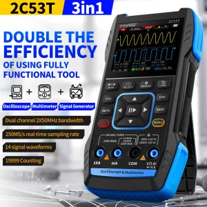 FNIRSI 2C53T Upgrade 3in1 50MHz*2 Dual Channel Bandwidth 250MS Rate Oscilloscope Multimeter Signal Generator 19999 Counts True RMS
