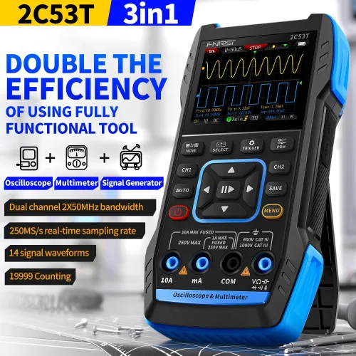 FNIRSI 2C53T Upgrade 3in1 50MHz*2 Dual Channel Bandwidth 250MS Rate Oscilloscope Multimeter Signal Generator 19999 Counts True RMS