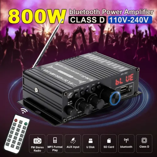 AirAux AK380 Wireless Amplifier 800W MAX Output 2.0 Channel Hi-Fi Class D bluetooth V5.0  Remote Control FM Antenna Integrated Mini Power Amplifier for Car Home Bar Party