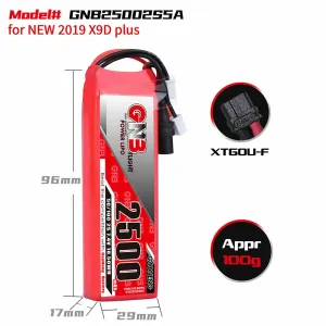 Gaoneng GNB 7.4V 2500mAh 5C 2S LiPo Battery XT60 Plug XH2.54 Plug for Frsky Taranis X9D Plus