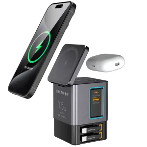 [GaN Tech]Blitzwolf BW-i116 Max 105W 6-in-1 Power Combo Desktop Charger Station with Built-in Dual Telescopic Type-C Cable + USB-A+USB-C + 2-in-1 Wireless Charger for Smart Phones for iPhone 16 16 Pro 15 14