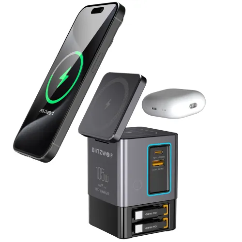 [GaN Tech]Blitzwolf BW-i116 Max 105W 6-in-1 Power Combo Desktop Charger Station with Built-in Dual Telescopic Type-C Cable + USB-A+USB-C + 2-in-1 Wireless Charger for Smart Phones for iPhone 16 16 Pro 15 14