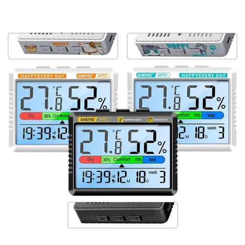ANENG AP01 Thermohygrometer Clock with Backlit LCD Display Real-Time Temperature and Humidity Monitor Built-in Alarm and Calendar Type-C Charging