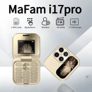 MaFam i17 Pro Mini 2G GSM 1.77 Inch Dual SIM Card Dual Standby 1000mAh FM Radio Large Button LED Flashlight Speed Dial Vibration Type-C Flip Feature Mobile Phone with 3.5mm Earphone Port