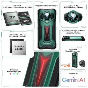 DOOGEE S200 Ultra AI 5G 1.32 inch AMOLED Rear Display 48GB 1TB LED light effect 100MP Triple Camera Night Vision Dimensity 7400 6.72 inch 120Hz 11000mAh 66W Fast Charge Android 15 NFC IP68 IP69K Waterproof Rugged Smartphone