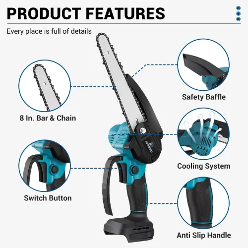 Drillpro 8 Inch Electric Chainsaw 3000W Brushless Motor Compatible with 18V Battery Cordless Wood Cutter 7500mAh