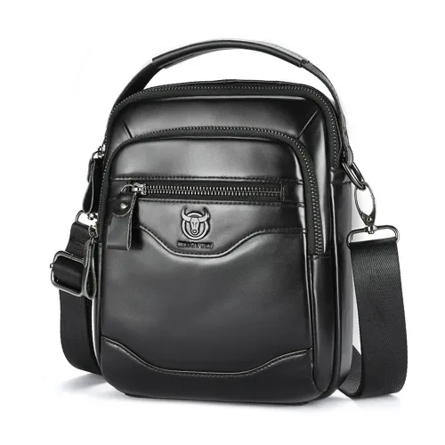 BULLCAPTAIN 8inch Cowhide Leather Men's Shoulder Bag Retro Fashion Cross Body Bag with Hand Band Multiple Zipper Pocket Capacity Business Casual Travel Messenger Bag