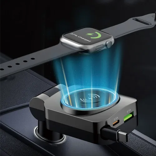 K38S Retractable Cord Watch Wireless Charger Ambient Lighting PD30W QC3.0 3.1A Car USB Multi-Port for Mobile Phone Fast Charge Car Plug QC Adapter