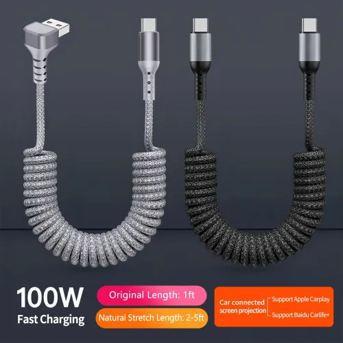 PD100W Type-C to Type-C Elbow Coiled Cable PD Fast Charging Data Transmission Copper Core Line 1.5M Long for iPhone 17 17 Pro Max 16 15 for Xiaomi 17pro for Samsung Galaxy S25 Ultra for OPPO for VIVO