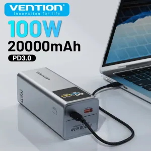 Vention FKC 100W 74Wh 20000mAh TFT Display Power Bank with Detachable USB-C Lanyard Cable Design External Battery Power Supply with 1 Input & 2 Outputs Support QC3.0 PD3.0 FCP AFC SCP PPS UFCS Apple2.4A Fast Charging for iPhone 17 17 Pro Max 16 15 14