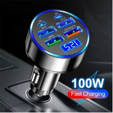 100W 6-Port USB PD Car Charger Adapter 4USB-A+2USB-C PD QC3.0 Support FCP VOOC Fast Charging with Blue LED Display for iPhone 16 15 14 13 Pro for Huawei Nova Flip for Samsung Galaxy Z Flip6 for Xiaomi Civi 4 Pro