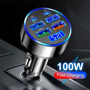 100W 6-Port USB PD Car Charger Adapter 4USB-A+2USB-C PD QC3.0 Support FCP VOOC Fast Charging with Blue LED Display for iPhone 16 15 14 13 Pro for Huawei Nova Flip for Samsung Galaxy Z Flip6 for Xiaomi Civi 4 Pro