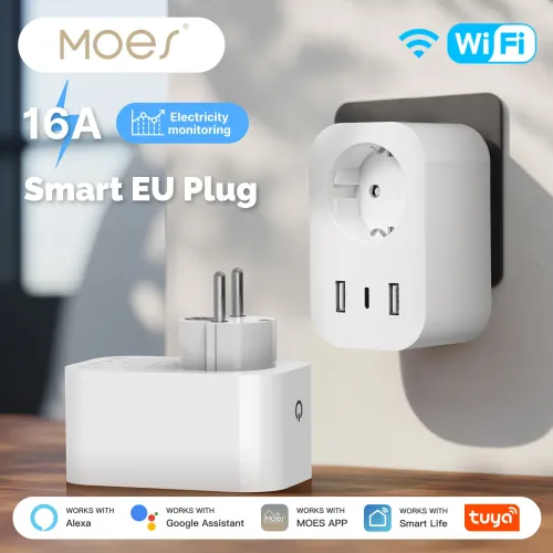 MOES WP-EU-C Tuya WiFi Smart Plug 16A EU Socket Outlet 2USB-A+1USB-C Fast Charging Power Electricity Monitor Work with Alexa Google Home