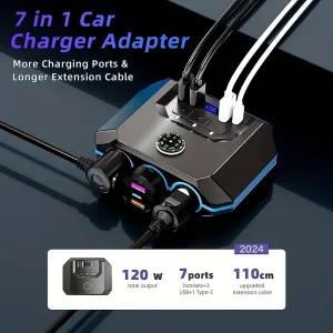 120W Car Charger Adapter 7 in 1 4 USB 3 Socket Splitter Charge Independent Switches DC Outlet Voltage Display With Compass