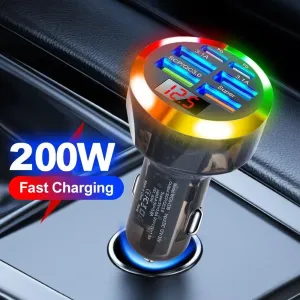 Transparent Car Charger 200W 6 Port USB QC3.0 PD Super Fast Charging Voltage Display LED Light for iOS Galaxy Devices 12V 24V