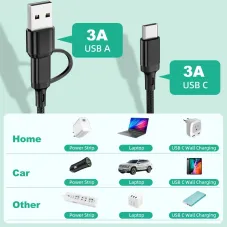 3A USB-A/Type-C to Micro/iP/Type-C Cable Fast Charging Copper Core Line 1.2M Long for iPhone 15 14 13 for Huawei Pura 70 Ultra for Xiaomi Civi4 Pro for Samsung Galaxy S24