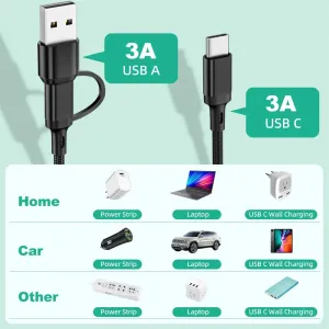 3A USB-A/Type-C to Micro/iP/Type-C Cable Fast Charging Copper Core Line 1.2M Long for iPhone 15 14 13 for Huawei Pura 70 Ultra for Xiaomi Civi4 Pro for Samsung Galaxy S24