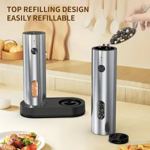 IPRee 2pcs Rechargeable Electric Salt and Pepper Grinder Set USB Automatic LEAdjustable Coarseness Stainless Steel Kitchen Gadgets for Home Cooking