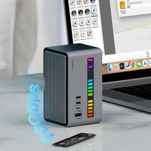 Hagibis U100Pro RGB Strip Light USB-C Docking Station with Dual HD / PD100W USB-C / M.2 SSD Enclosure / Ethernet / SD/TF Card Slot / 3.5mm Audio / USB Hubs Support Two-host Connection for Laptop Macbook Pro