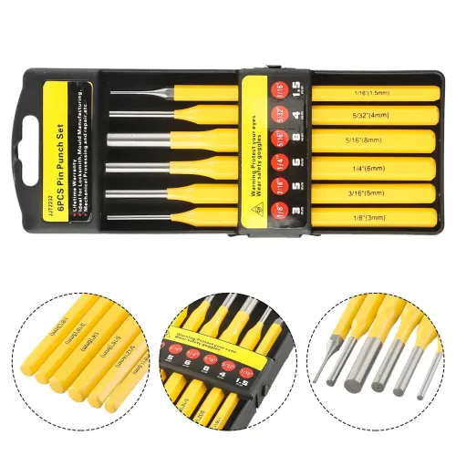 6PCS Roll Pin Punch Set Fast Pin Removal Drive Pins In or Out 1/8 3/16 1/4 5/16 5/32 1/16 Inch for Hunting Woodworking Pistol