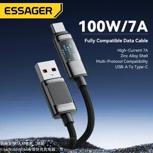 ESSAGER ES-X58 7A 100W USB-A to Type-C Cable Fast Charging Data Transmission Copper Core Line 1M/2M Long for iPhone 15 15 Plus for Huawei Pura 70 Ultra for Xiaomi Civi 4 Pro for Samsung Galaxy Z Fold6