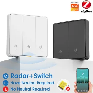 Tuya Zigbe 1/2/3 Gang Smart Wall Light Button Switch with 6M Radar Human Motion Detection Alarm Sensor No/Need Neutral Wire Switch 110-240V Smart Life APP