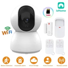 2MP WiFi IOT Camera Smart Home Security Burglar Alarm System Wireless PTZ IR Night Vision Motion Detect Two-way Intercom APP Control Indoors Surveillance Cam with Door and Window Sensor Body IR Sensor