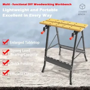 Multi Adjustable Workbench Woodworking Table Foldable Design Thick Wooden Top Heavy Load Metal Frame Efficient Clamping System Tool Storage for Workshop DIY Office Home